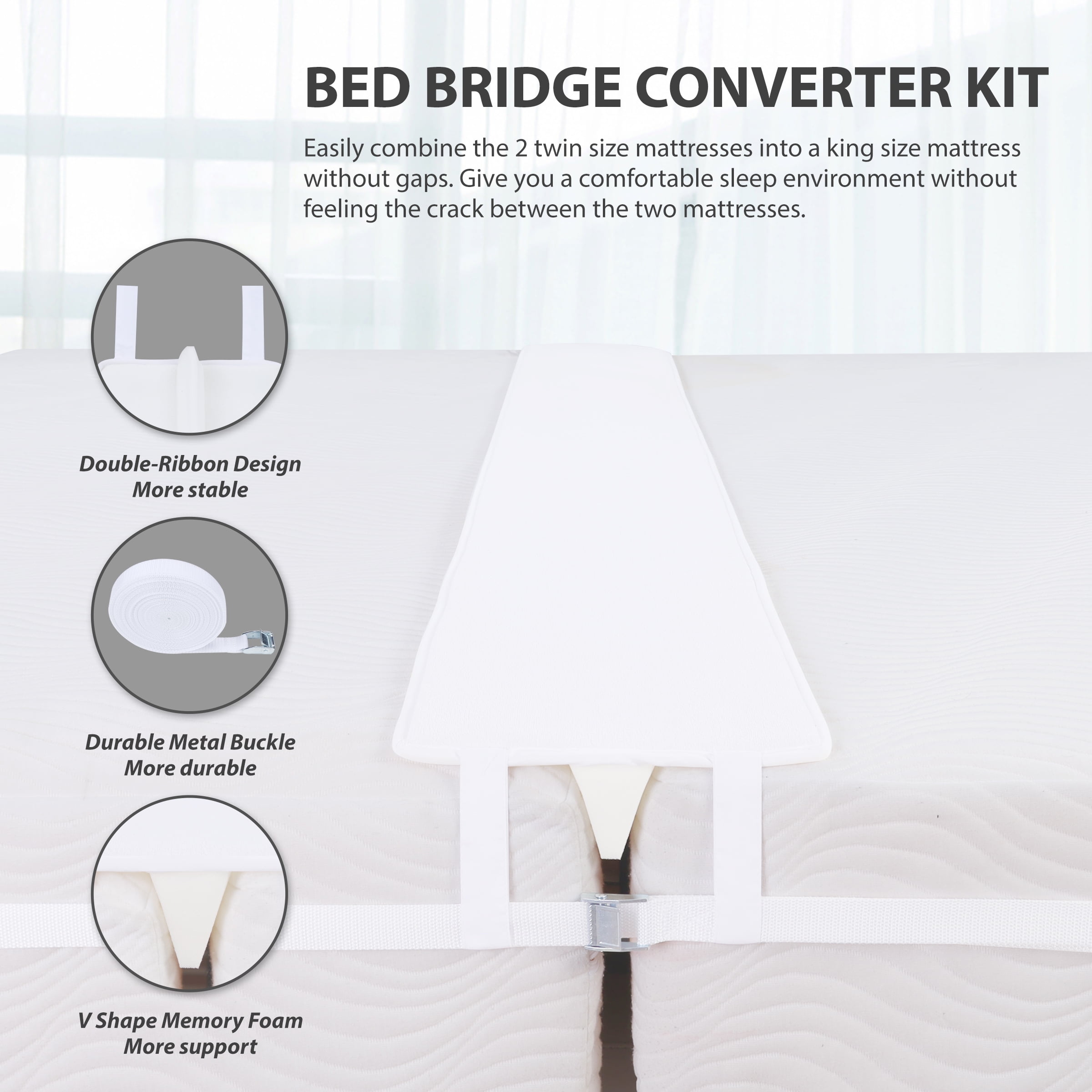Vekkia Bed Bridge Twin to King Bed Converter Kit - 75in x 10in Split Twin  to King Gap Filler for Adjustable Bed, Mattress Bed Connector with Washable