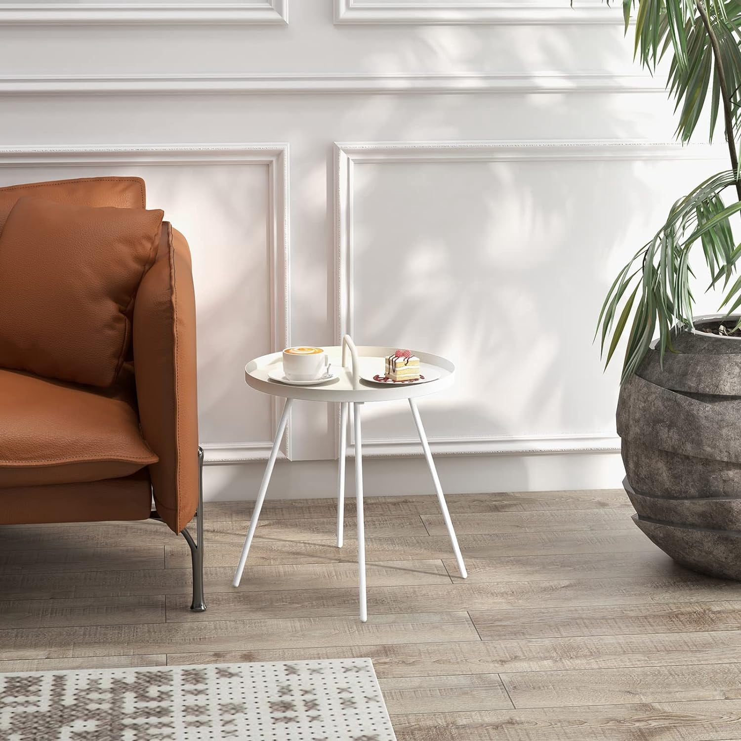 Grand Patio Round Coffee Side Table With Handle Small Steel End Table for Outdoor & Indoor, White