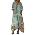 thumbnail image 2 of Heisall 2026 Spring Summer Boho Floral Printed Linen Maxi Dress V Neck Batwing Sleeve Oversized Kaftan Dresses with Pockets, 2 of 7