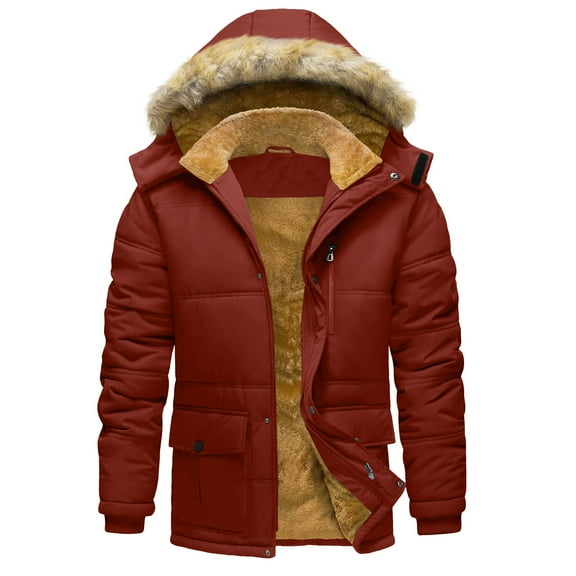 Wrtxtat Men's Long Parka Winter Coats Full Zip Fleece Lined Hooded Outerwear with Pockets Windproof Heavyweight Thermal Solid Color Jacket Red L
