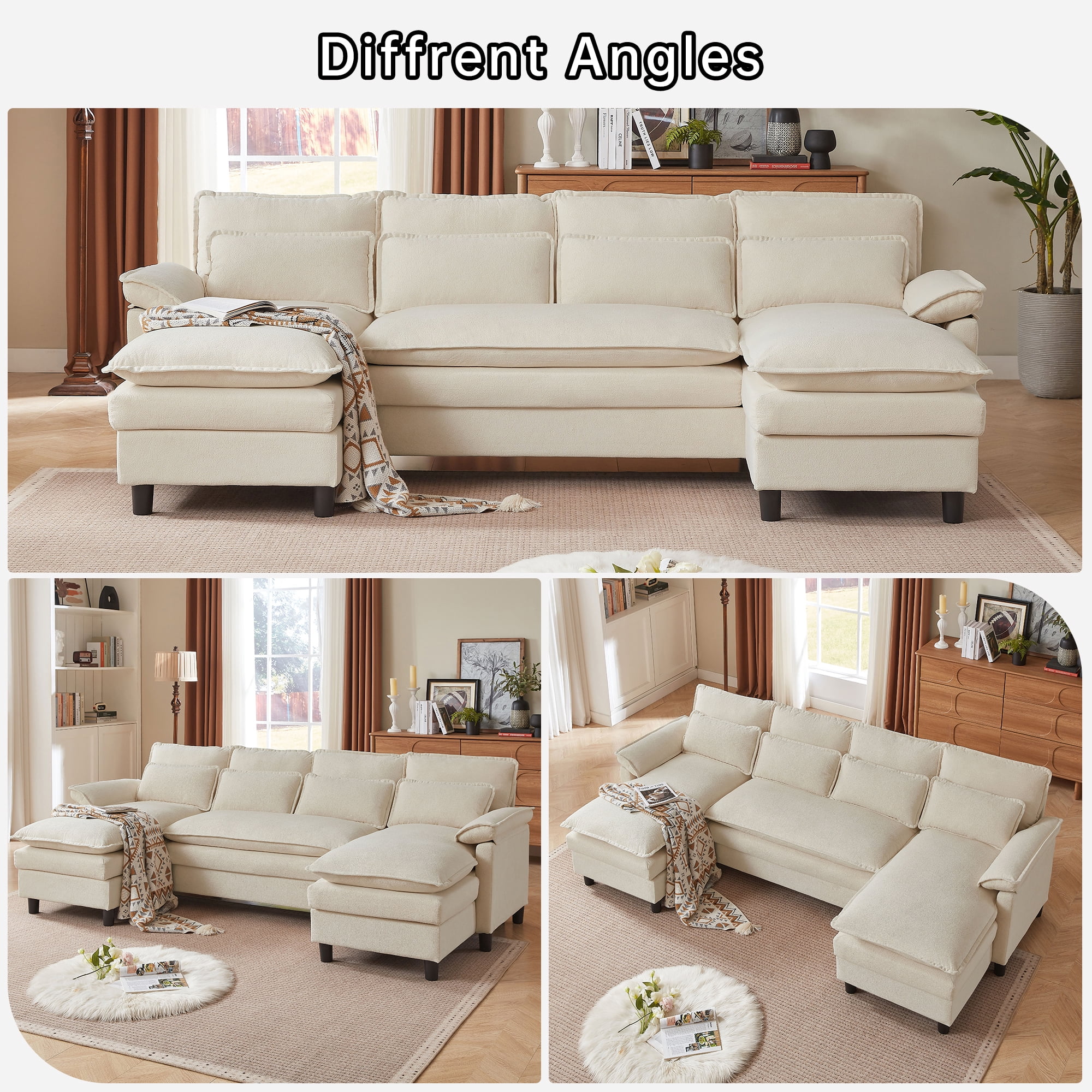 Pingliang Home Oversized U Shaped Couch,4 Seat Sectional Sofa with 4 Pillows,Upholstered Symmetrical Cloud Couch with Double Chaise,Wrap Around Sofa Modular sofa for Living Room Apartment Office