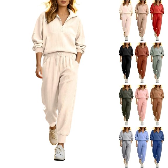 Tqcoqu Women's 2 Piece Set 2026,Half Zip Long Sleeve Ribbed Sweatshirt & Drawstring Jogger Pants 2 Piece Tracksuit Loungewear Set