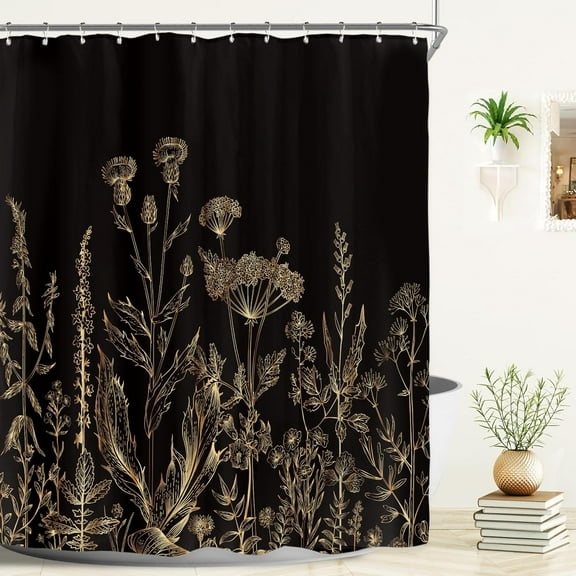 Touchbetter Black Gold Dark Floral Wildflower Shower Curtain for Bathroom Decor 72Wx72H Rustic Botanical Herbs Plant Leaves Vintage Nature Art Printed Fabric Polyester Waterproof 12 Pack Plastic Hooks
