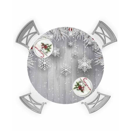 

Round Tablecloth with Elastic Christmas Silver Pine Needles Snowflake Wood Grain Waterproof Table Cover Wipeable Fitted Table Cloths for 36 -44 Round Tables Dining Kitchen Indoor Outdoor Use