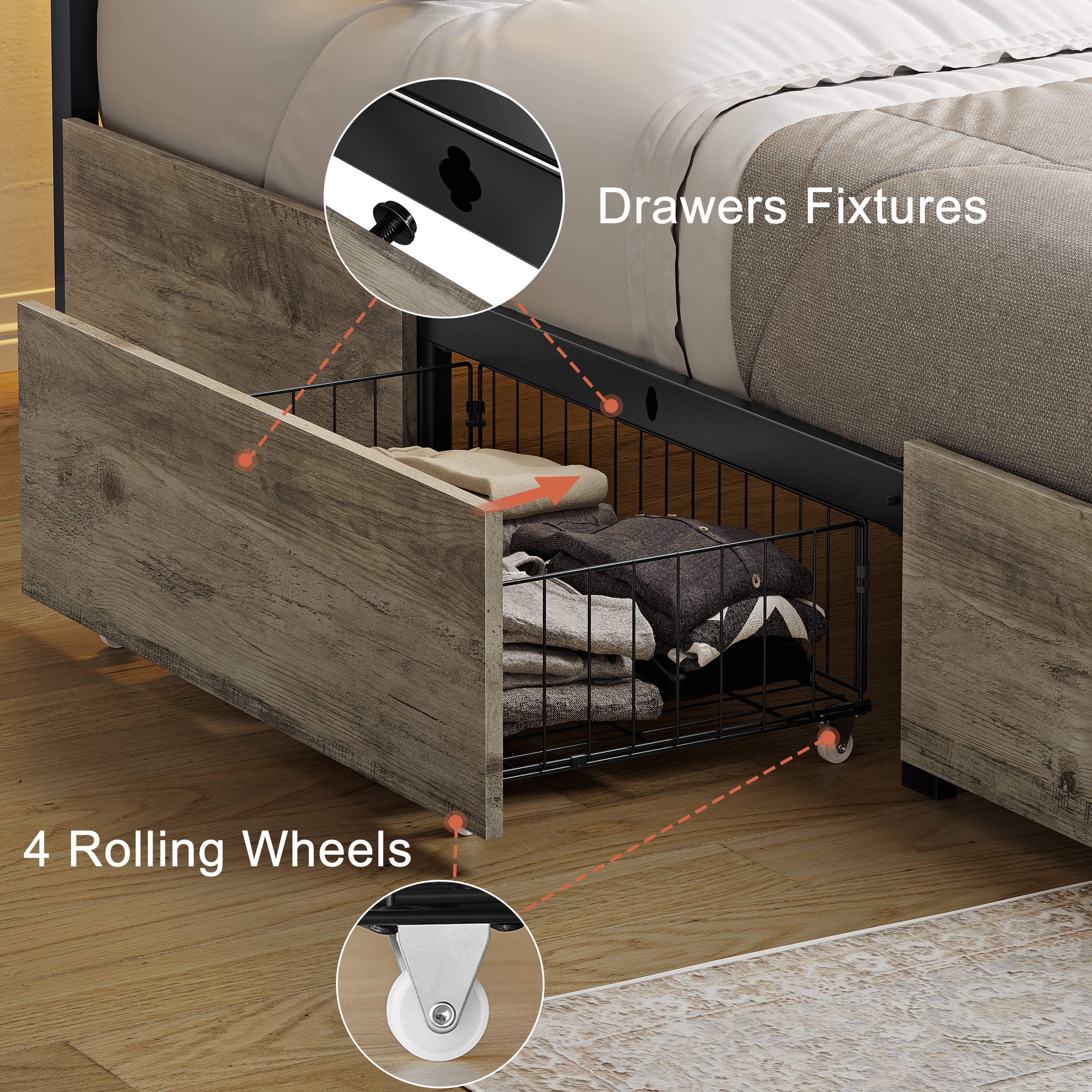 GUNAITO Queen Size Bed Frame with Headboard and 4 Storage Drawers LED Platform Bed Frame with Charging Station Gray