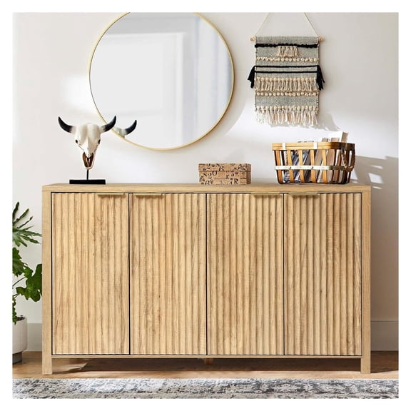 55 Inch Fluted Sideboard Buffet Cabinet with Storage, Modern Kitchen Credenza, 4-Door Wood Media Console Table for Living Room Dining