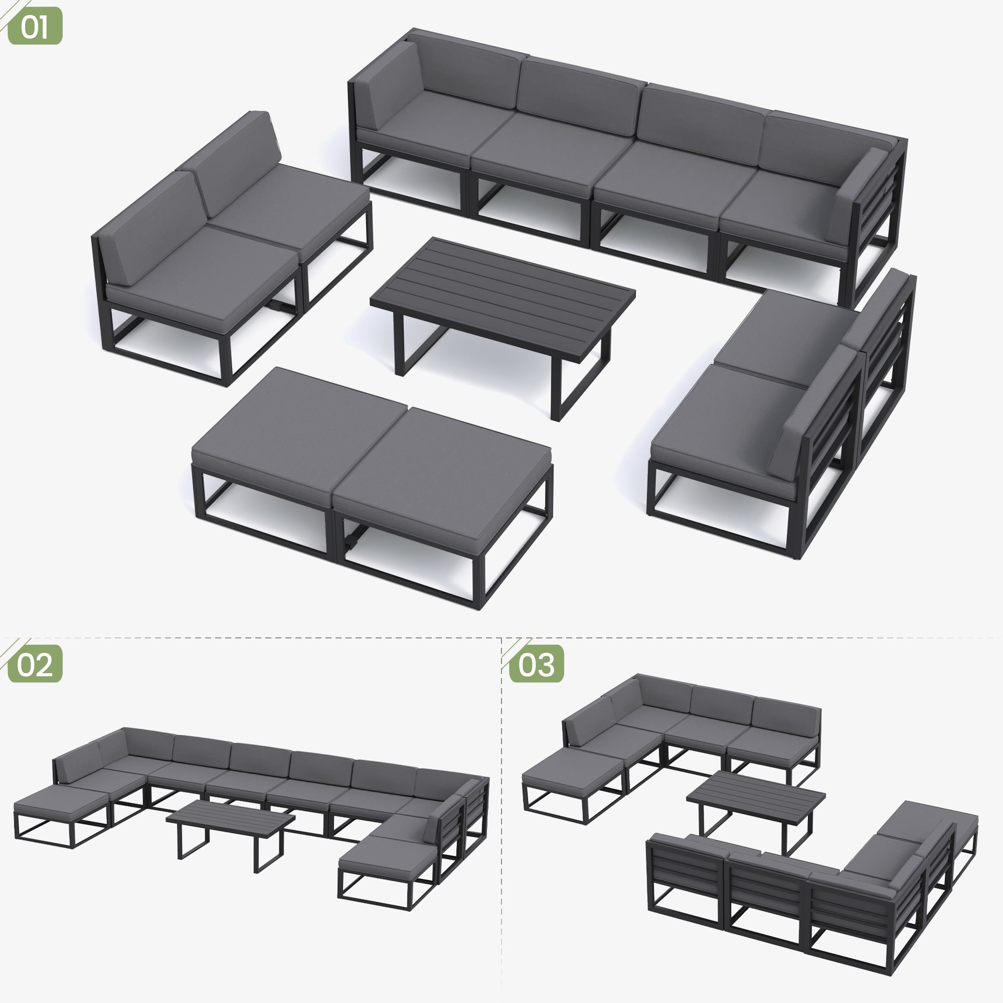 MRUAKA Aluminum Patio Furniture Set,11 Piece Modern Outdoor Furniture with 5 inch Cushion, Metal Patio Sectional Conversation Sets for Deck, Backyard, Porch,Gray (Included Waterproof Covers)