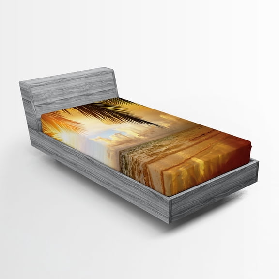 Ambesonne Beach Fitted Sheet, Sunset Caribbean Palms, Twin XL Size, Dark Orange Pale Blue