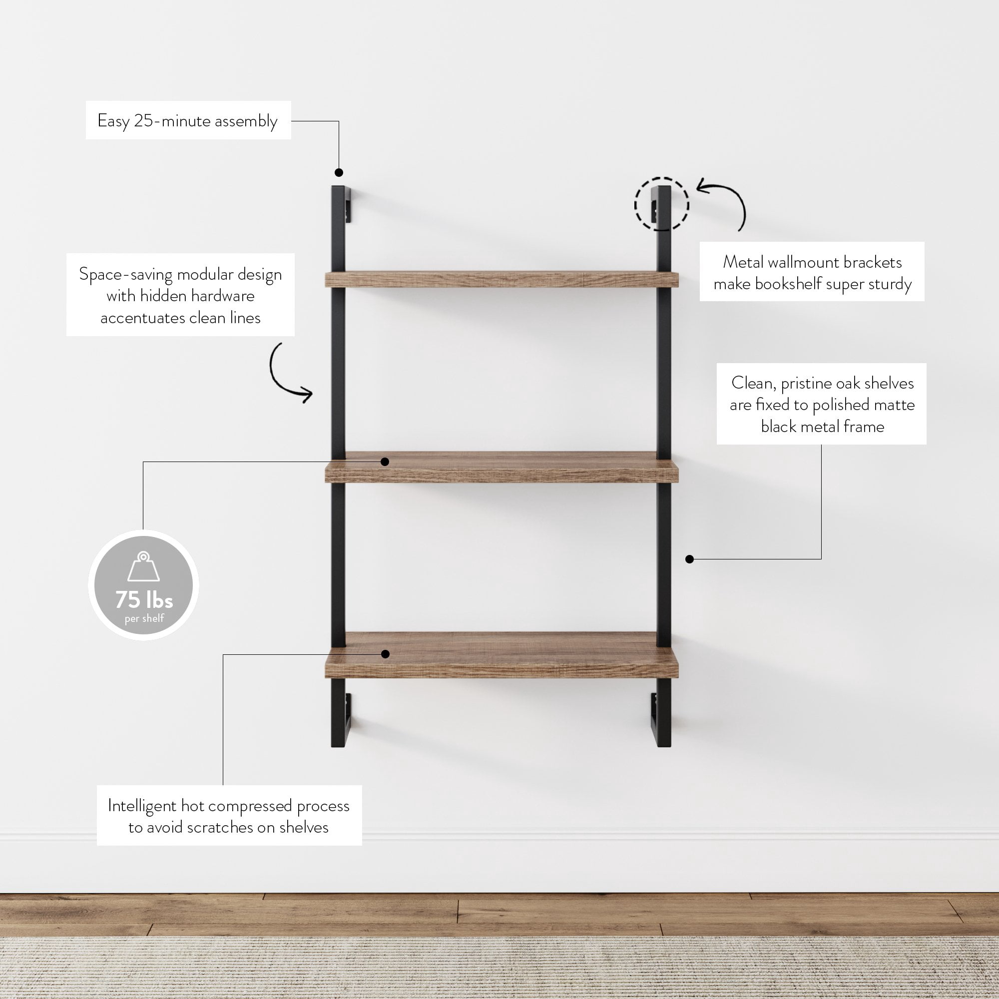 Nathan James Theo 3-Shelf Bookcase Floating Wall Mount Rustic Oak Wood with Black Industrial Pipe Metal Frame