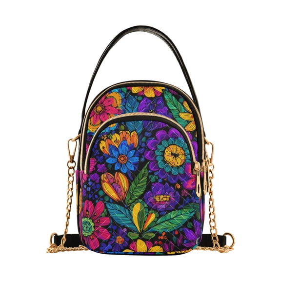 Vzayyk Crossbody Handbag With Detachable Chain Strap Multi-Zipper Pockets Brightly Colored Wildflowers