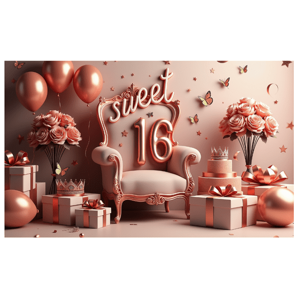 Bannière de Fond de Fête à Thème Sweet 16, Décorée de Ballons Couronne et de Fleurs, Idéale pour les Célébrations de Fête d'Anniversaire Sweet 16, Accessoires et Décors de Photographie
