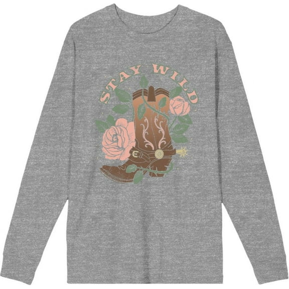 Vintage Country Stay Wild Adult Heather Gray Crew Neck Long Sleeve Tee-Large