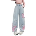 thumbnail image 2 of Summer Pants Kids Butterfly Patch Distressed Hem Wide Leg Jeans Casual Trendy Fit Girls 4-5Y, 2 of 8
