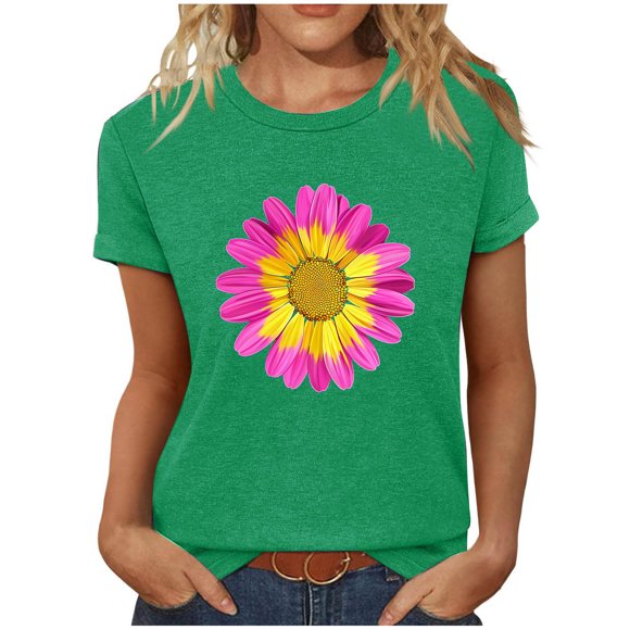 T-shirt for Women, Vintage Print Round Neck Short Sleeve with Polyester-Spandex Blend, Breathable Stretch Fabric, Spring Summer Wear, True Size Fit