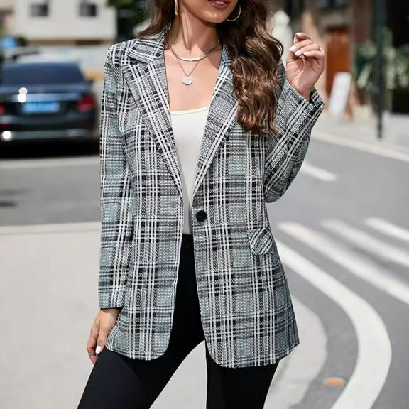 Ofreoo Women's and Women's Plus Plaid Lapel Suit Long Sleeve Blazer Summer Clearance