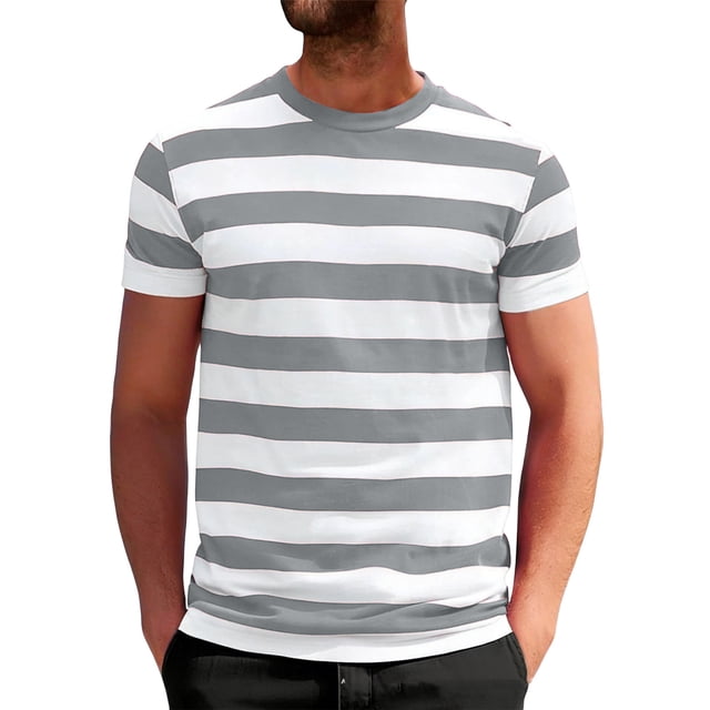 T-Shirt Décontracté à Rayures pour Hommes, Col Rond, Manches Courtes, Ajusté, Tissu Doux, Été, Plage et Rue, Gris, TG