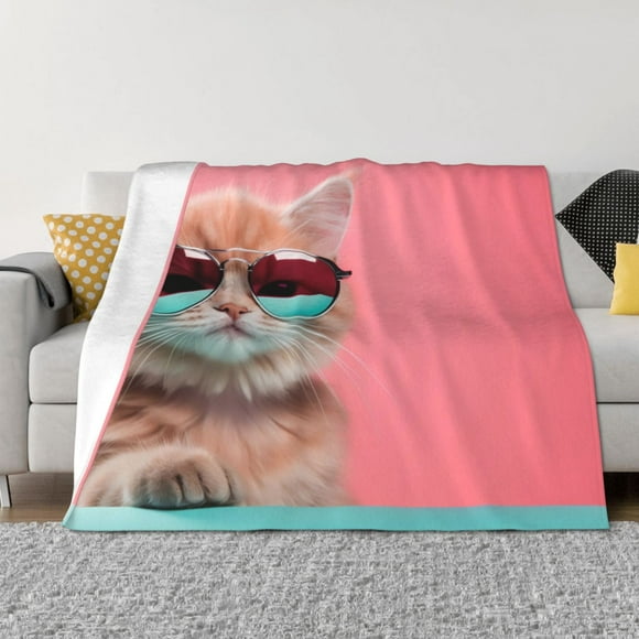 Fotbe Cool Cat Pink Sunglasses Manta de Franela con Estampado, Manta Ultrasuave para Cama, Sofá, Auto, Hipoalergénica y Antibolitas-80"x60"