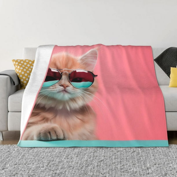 Fotbe Cool Cat Pink Sunglasses Manta de Franela con Estampado, Manta Ultrasuave para Cama, Sofá, Auto, Hipoalergénica y Antibolitas-80"x60"