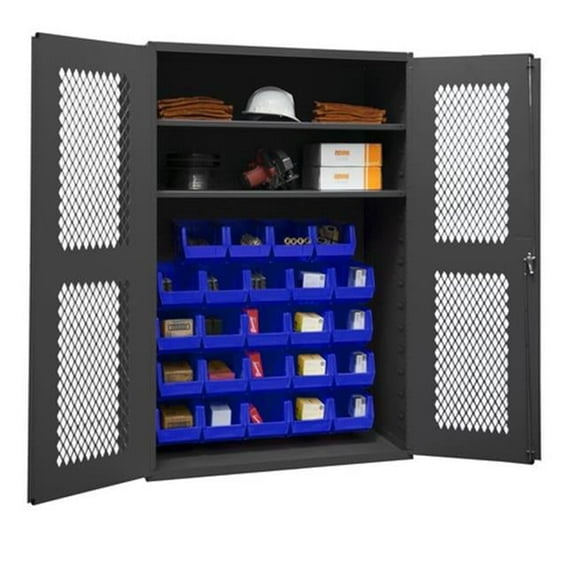 14 Gauge Flush Door Style Lockable Shelf Clearview Cabinet with 24 Blue Hook on Bins & 2 Adjustable Shelves, Gray - 48 in.