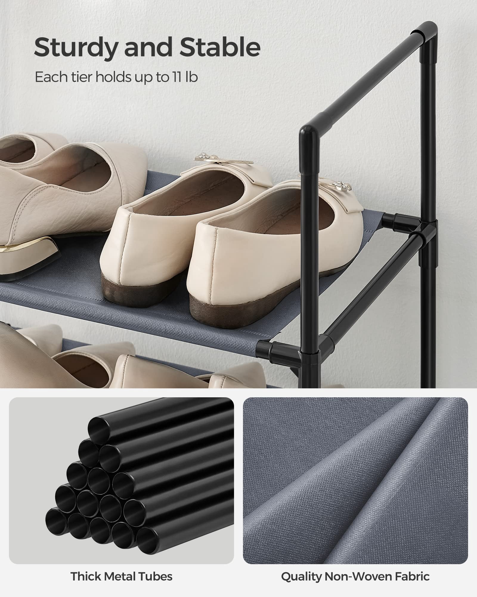 Songmics Shoe Rack  10-tier Shelf Storage Organizer 11 X 17.7 68 Inches Metal Frame Non-woven Fabric Shelves For Entryway Bedroom Gray Ulsh010g01