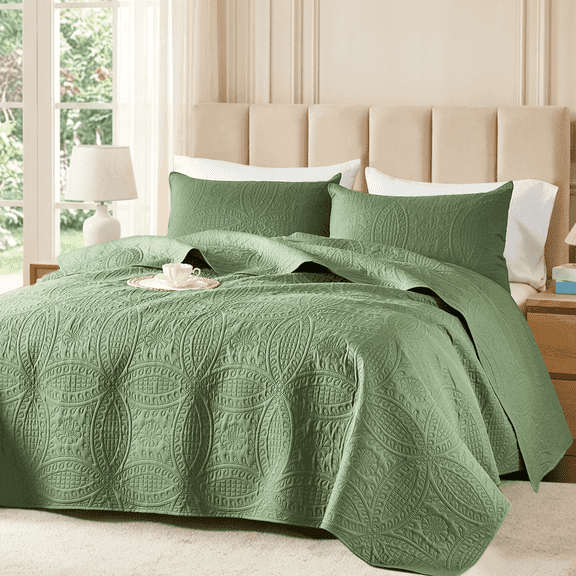 Flymme Dark Green Bedspread for Queen Size Beds,3 Piece Soft Thin Quilt Bedding Set with Pillow Sham Modern Coin Pattern Coverlet for All Season