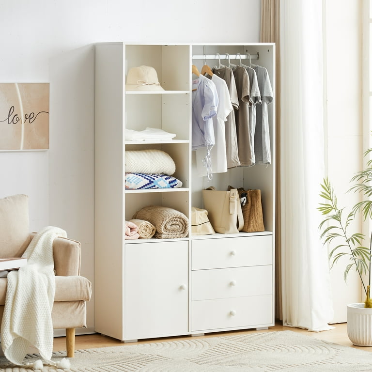 Zimtown Bedroom Wooden Furniture Wood Clothes Wardrobe Armoire with Drawers Shelves and Hanging Rod Walmart