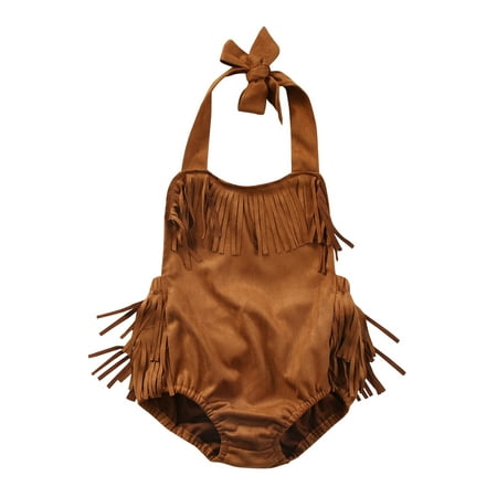

Nokpsedcb Newborn Infant Kids Baby Girls Sleeveless Backless Tassel Suede Jumpsuit Summer Outfits Brown 18-24 Months