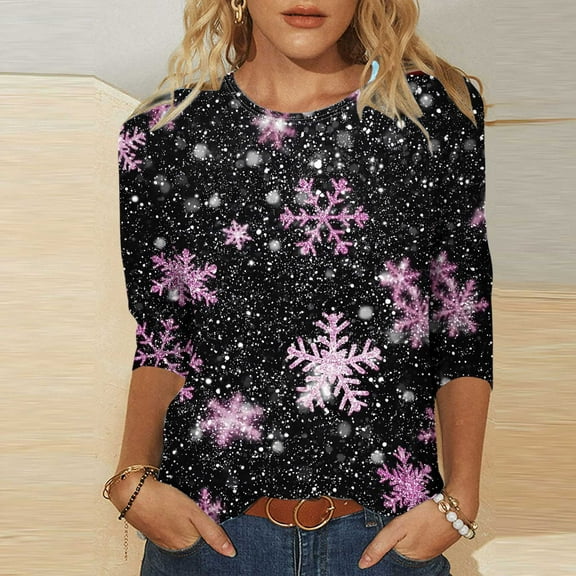 VKOYWKM Merry Christmas T-Shirts Women 3/4 Length Sleeve Women Tops Cute Chrismas Snowflake Graphic Tees Holiday Crew Neck Xmas T-Shirts Fall Tunic Top