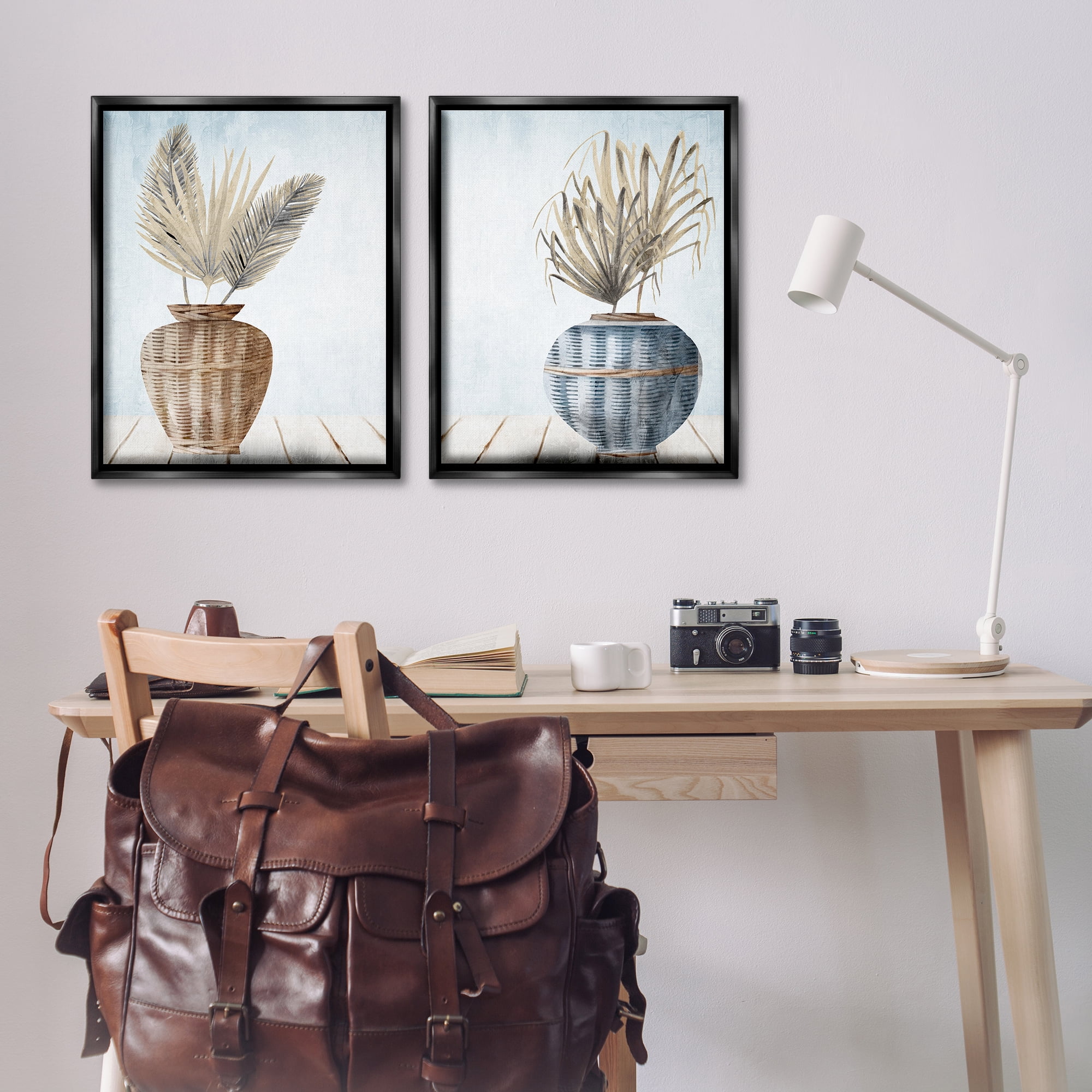 Stupell Industries Palms in Rattan Planters Floral & Botanical Painting Black Floater Framed Canvas Art Print Wall Art, 31 x 25, Set of 2