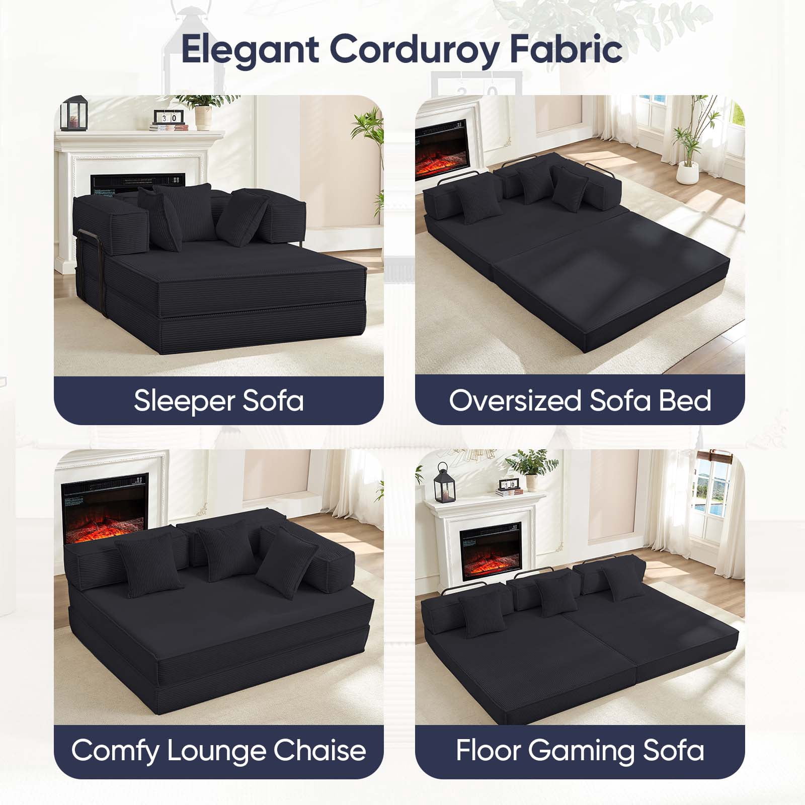 ZAFLY Convertible Sleeper Sofa Bed, Corduroy Boneless Couch with Removable Armrests, Floor Gaming Sofa for Living Room/Small Space, Gray