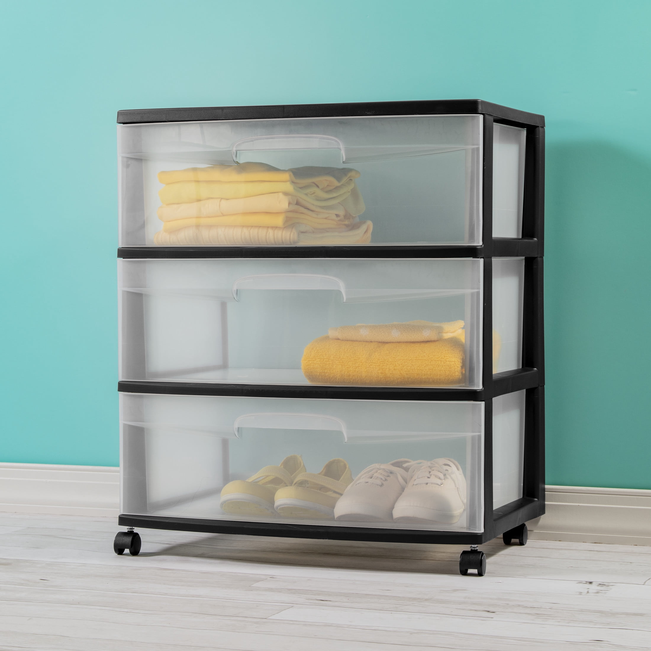 Sterilite 3 Drawer Wide Cart, Clear Plastic Storage Drawers, Wheels Included, Black