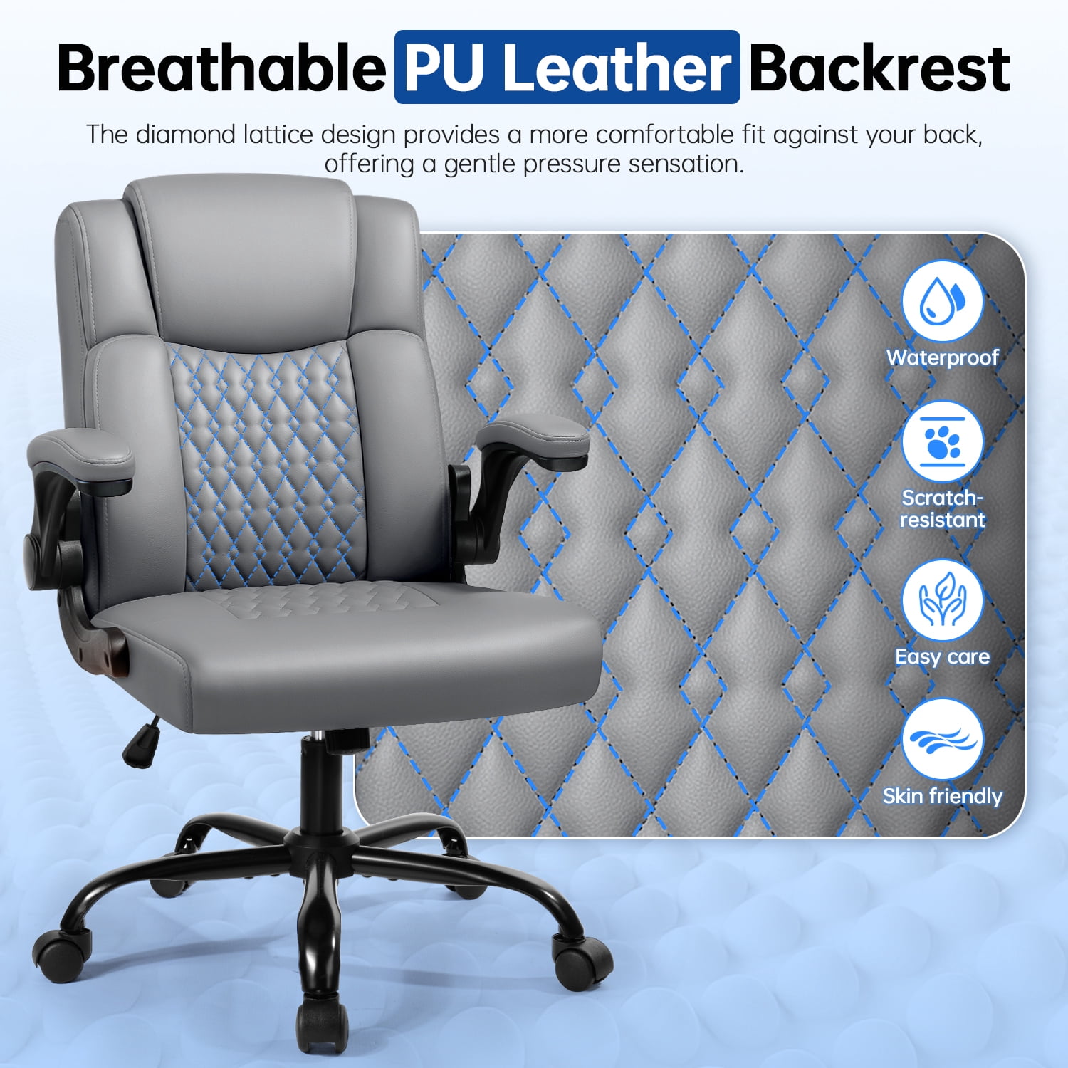 Waleaf Leather Office Chair,Wide Seat Small Computer Desk Chair Ergonomic Mid-Back Executive Chair with Back Support for Short People,Gray