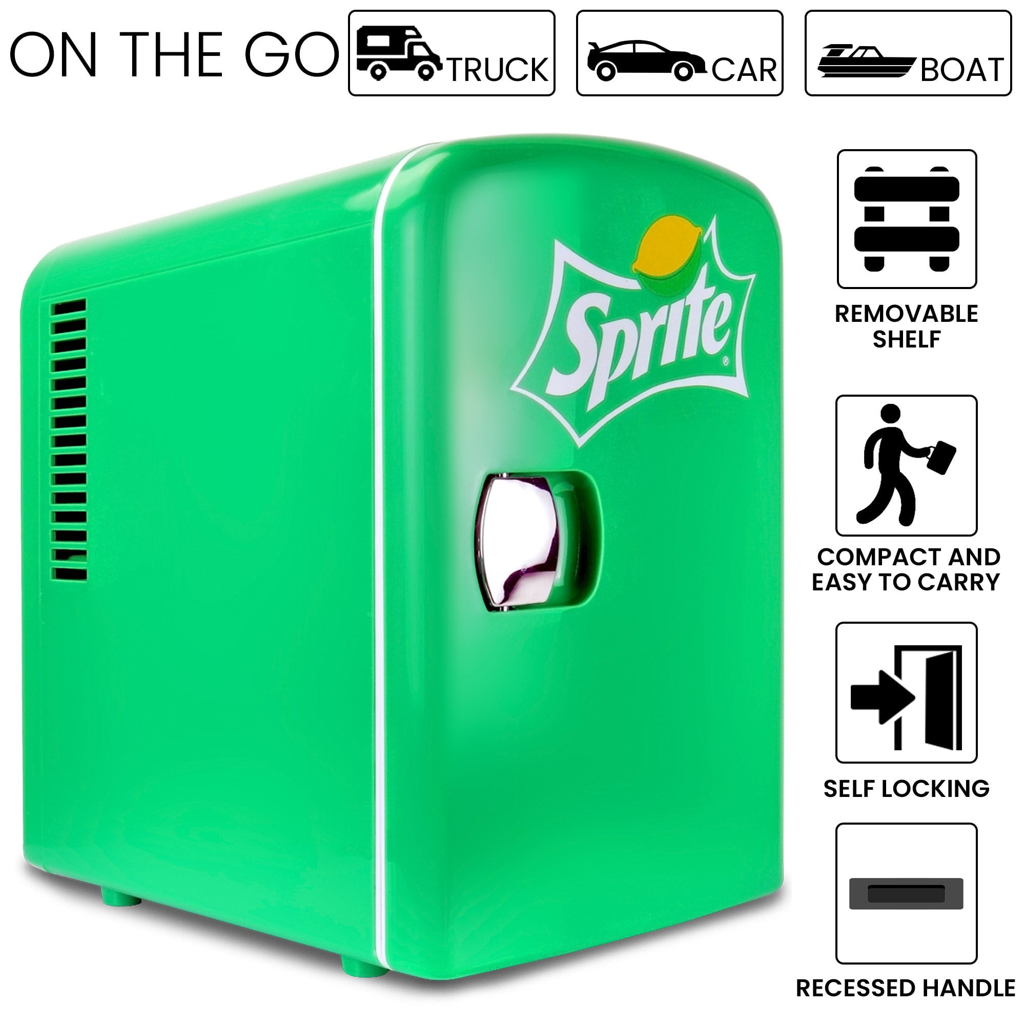 Coca-Cola Sprite 4L Cooler/Warmer w/ 12V DC and 110V AC Cords, 6 Can Portable Mini Fridge, Personal Travel Refrigerator for Snacks Lunch Drinks Cosmetics, Desk Home Office Dorm, Green