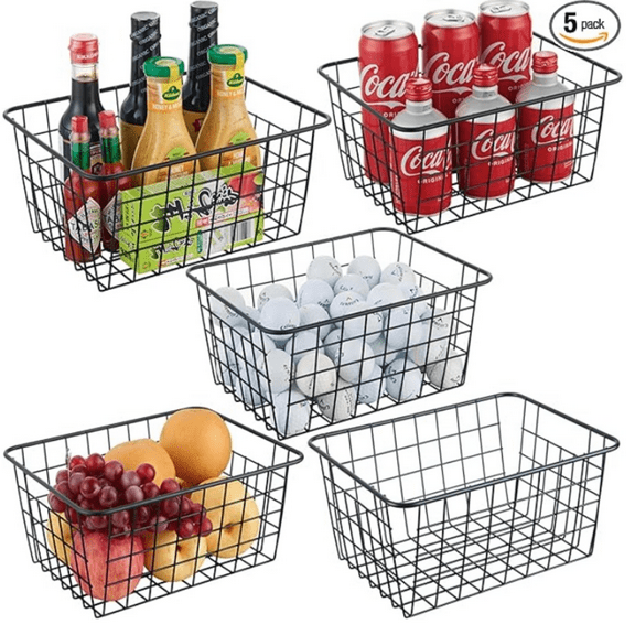 Wire Storage Basket 5 Pack,Perfect Kitchen Organization Pantry Storage Basket,Household Organizer,Countertop Storage Basket,Wardrobe Organizer,Snack Organizer,Black