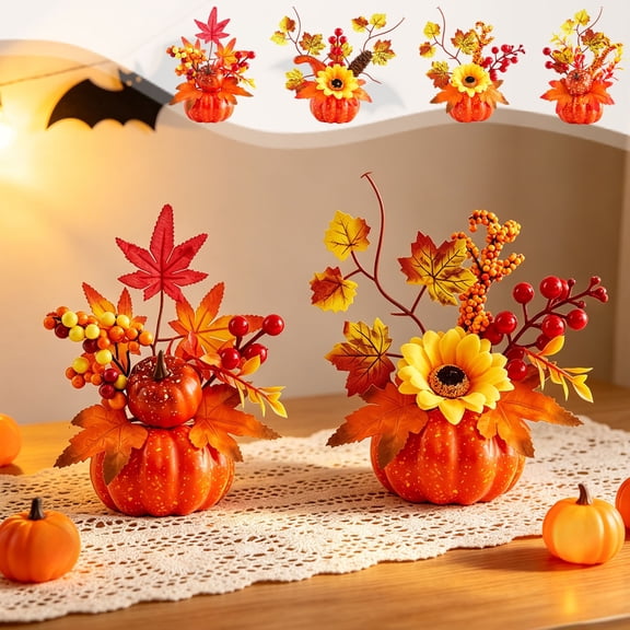 Halloween Decorations Savings, Mini Artificial Pumpkin Centerpiece 4 Designs Faux Pumpkin with Sunflower Berries Fall Centerpiece for Thanksgiving Decor Halloween Decorations Indoor