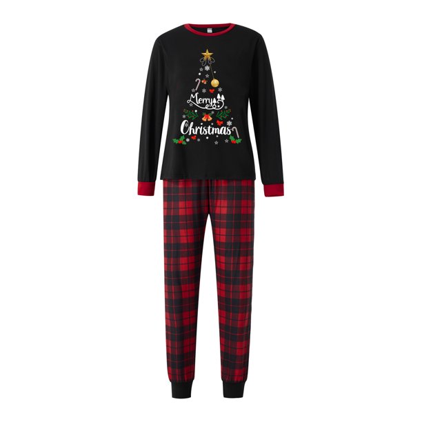 Pijamas navideños familiares a juego: camisetas de manga larga con estampado de letras y copos de nieve y pantalones a cuadros.