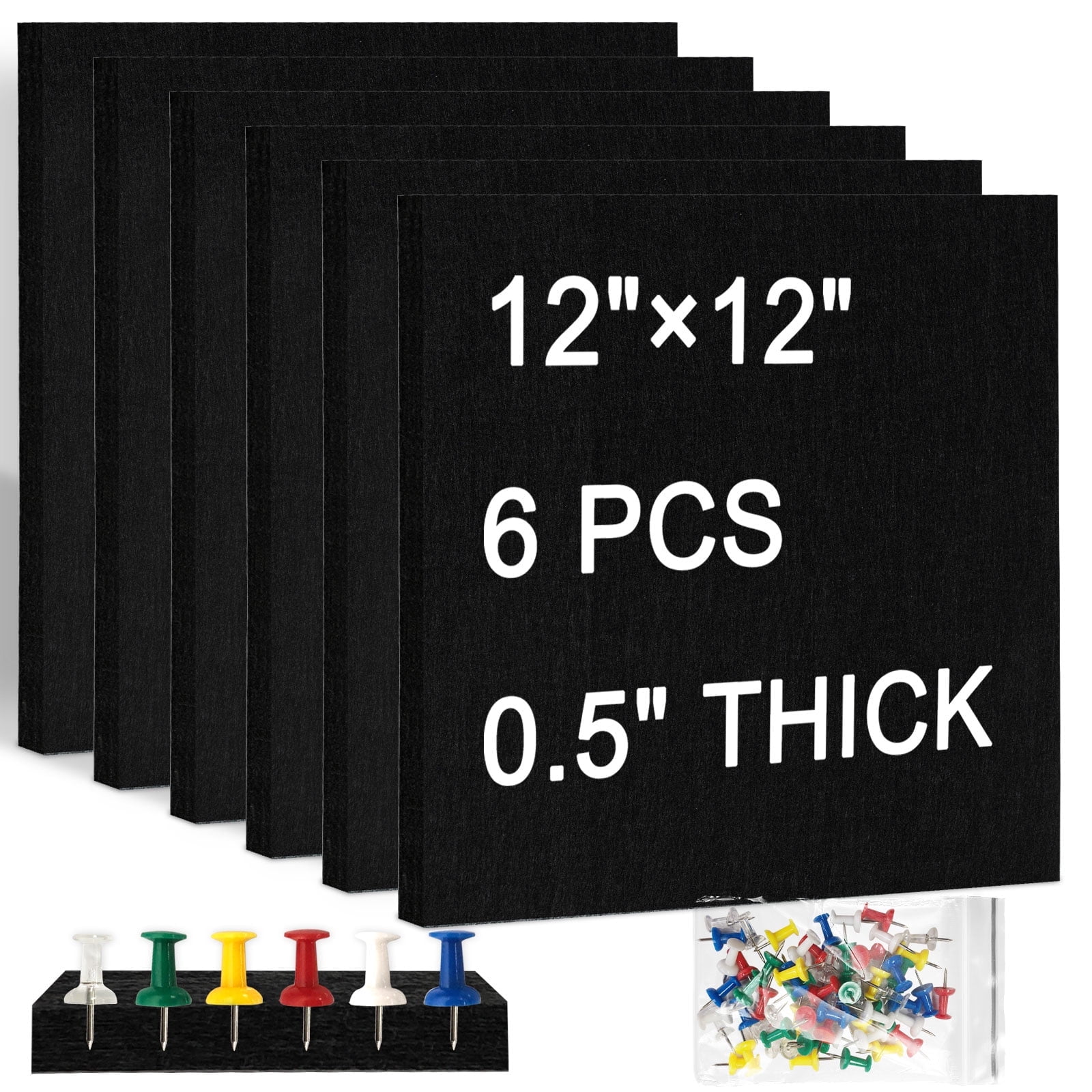 6 Packs Felt Cork Board Tiles 11.8x11.8 Inch, Black Poster Board Cork Bulletin Board Squares Acoustic Panels Soundproof Corkboards for Walls with 60 Pushpins for Home Office Kitchen, Black