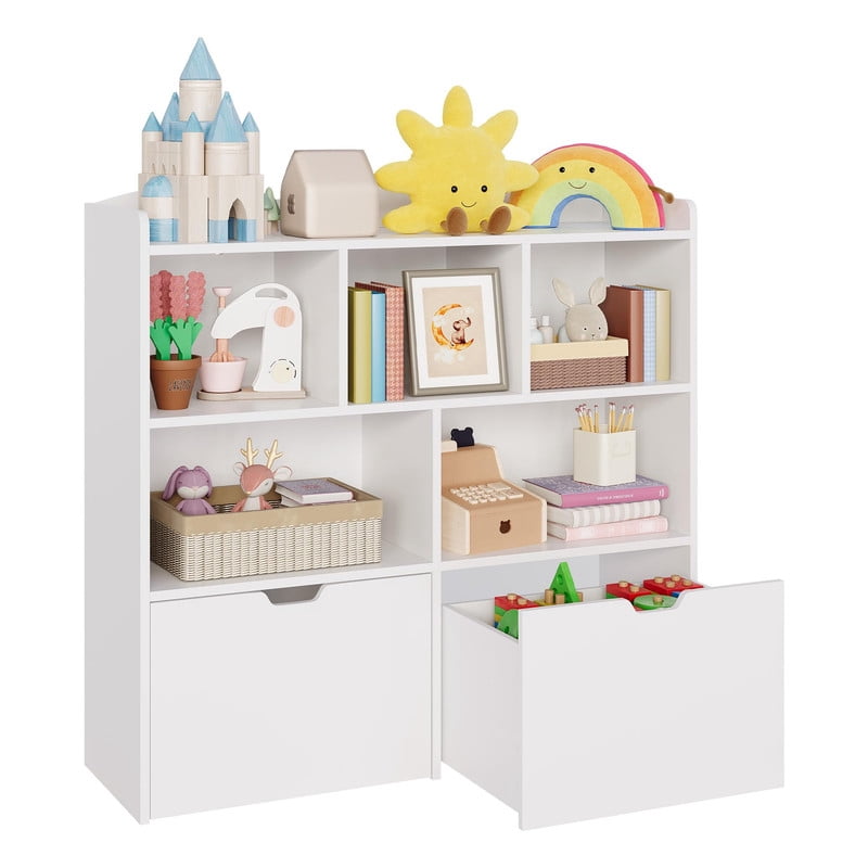 TROPOW Toy Storage Organizer with Movable Drawers, Kids Bookshelf with Hidden Wheels & Open Cubbies, Multifunctional Floor Storage Chest for Playroom
