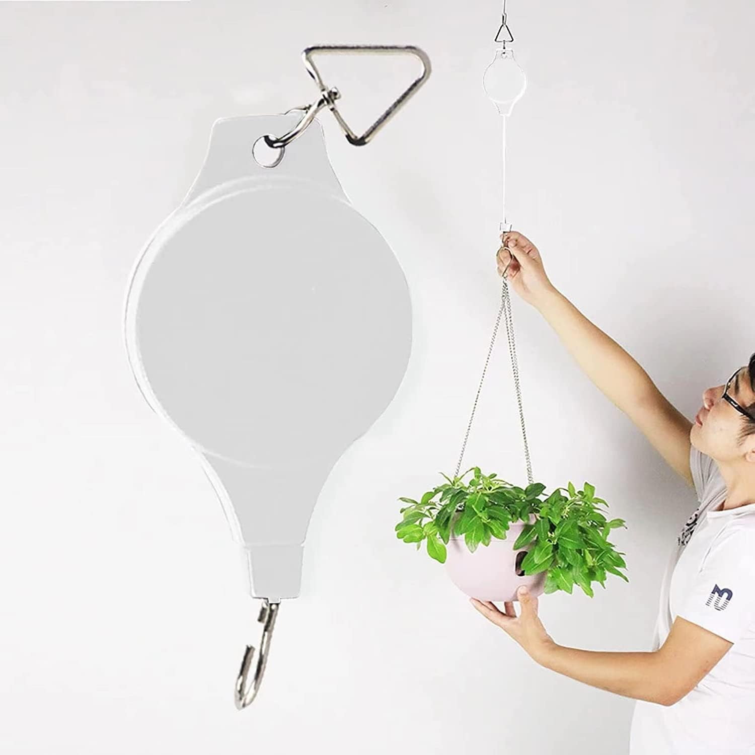Adjustable Plant Pulley Retractable Hanging Planters Flower Basket Hook Hanger for Gardening Pot and Outdoor Birds Feeders in Different Height Lower and Raise Pack of 3 Pieces(White)