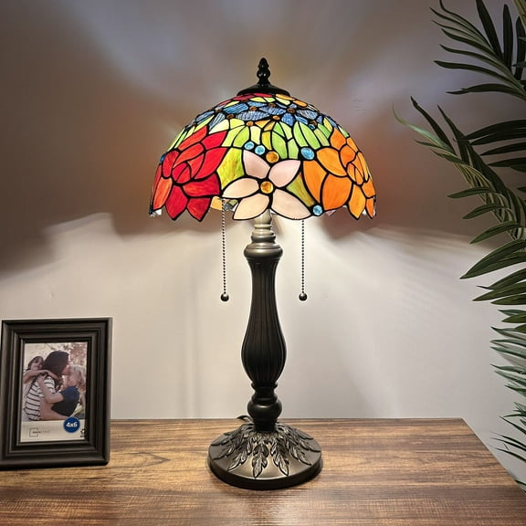 Tiffany Table Lamp Red Orange Blue Stained Glass Rose Flowers LED Bulbs Included Pull Chain Switches for Living Room Bedroom Bedside 12"W*12"D*22"H