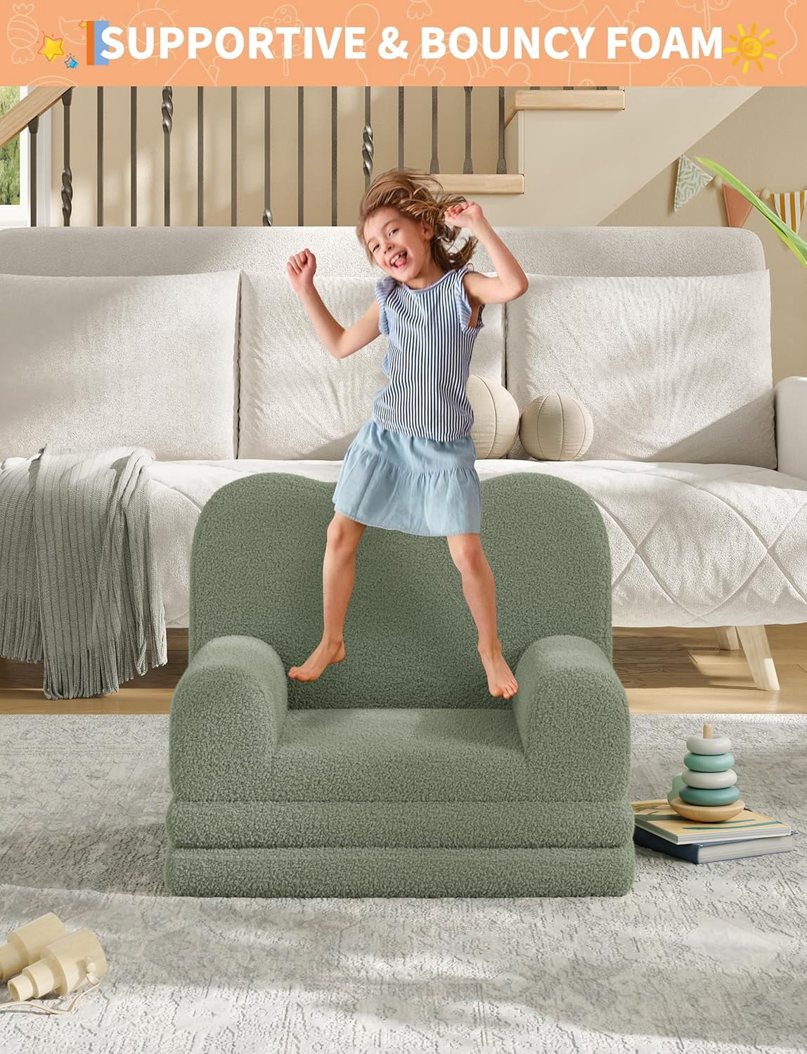 Kids Couch 2-in-1 Convertible Teddy Fleece Fabric Toddler Sofa Chair Soft Fold Out Lounger for Kids  Children's Sofa Bed for Playroom Nursery Birthday Gift Green