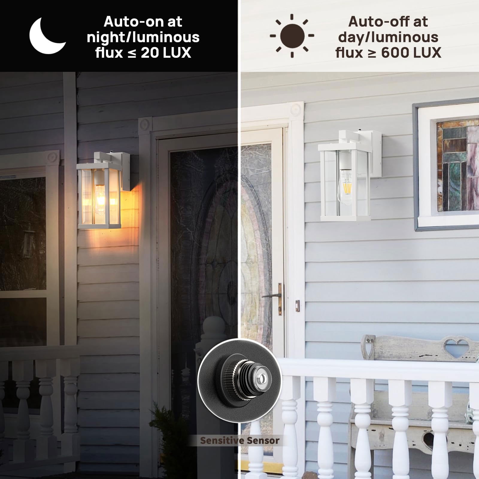 Porch Lights with GFCI Outlet, Dusk to Dawn Sensor Outdoor Lights Waterproof Anti-Rust Wall Sconce Lantern, Exterior Fixture for House Front Door Patio Garage, White,2 Pack