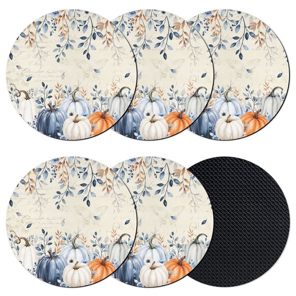 Navy Blue Pumpkins Fall Coasters Set of 6, Absorbent Coasters for Drinks, Thanksgiving Eucalyptus Leaves Weeping Coaster for Desk Coffee Table Protection, Home Decor House Warming Gifts 4"