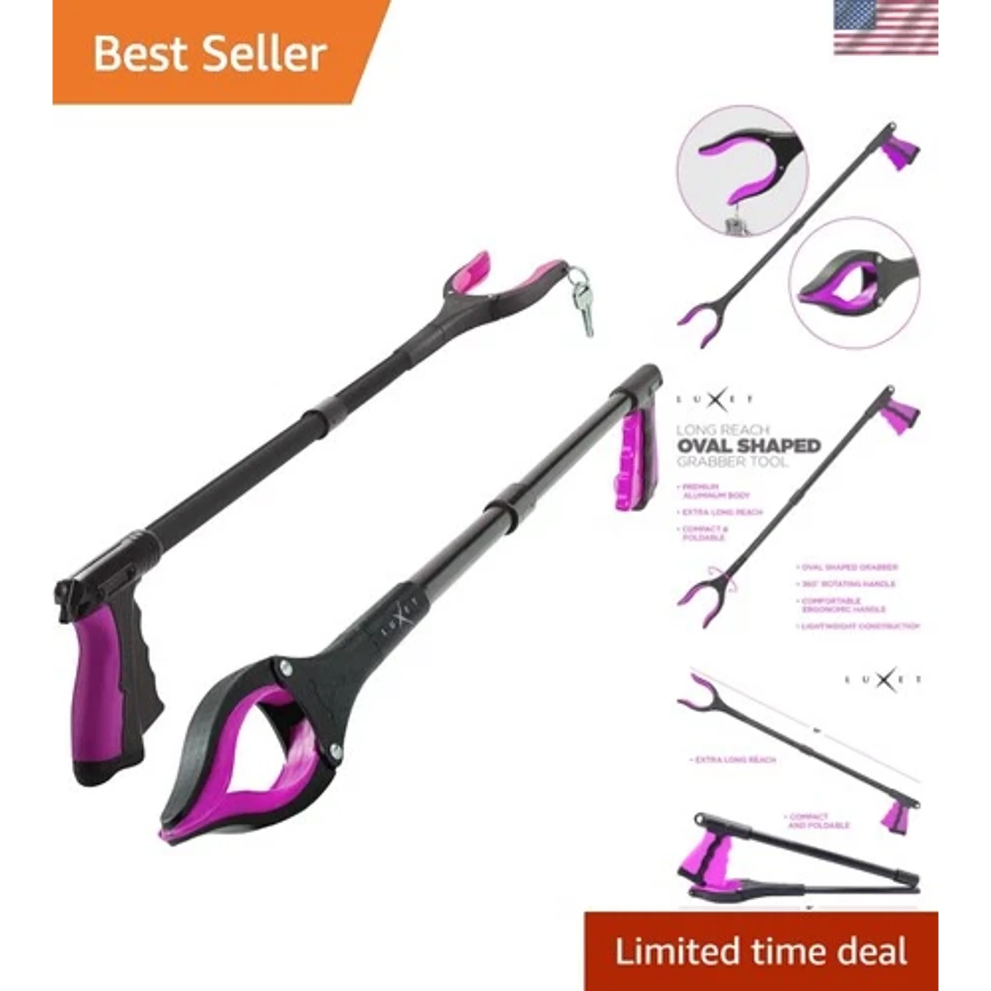 Grabber Reacher Tool 2 Pack Long 32 Inch Foldable Pick Up Stick Strong Grip