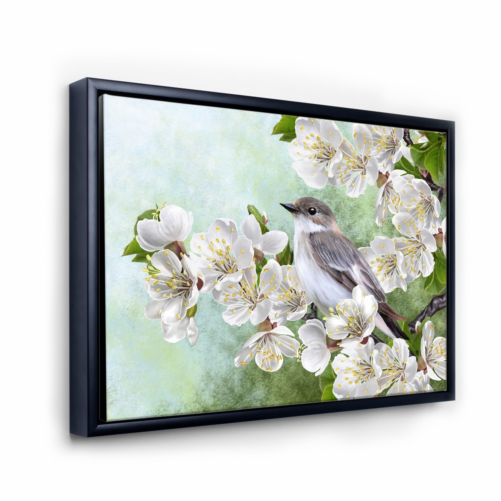 Gray Bird Sitting On A Branch of A Blossoming Tree 32 in x 16 in Framed Painting Canvas Art Print, by Designart