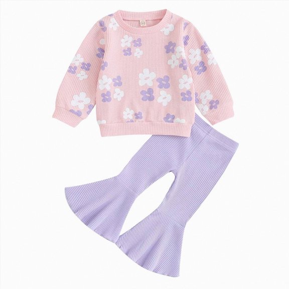 HCNTES Baby Girl Clothes Winter Baby Kids Little Girl 2Pcs Fall Outfits 6 12 24 Months 2T 3T 4T 5T Long Sleeve Floral Print Pullover Tops Flare Pants Set Toddler Clothes Set