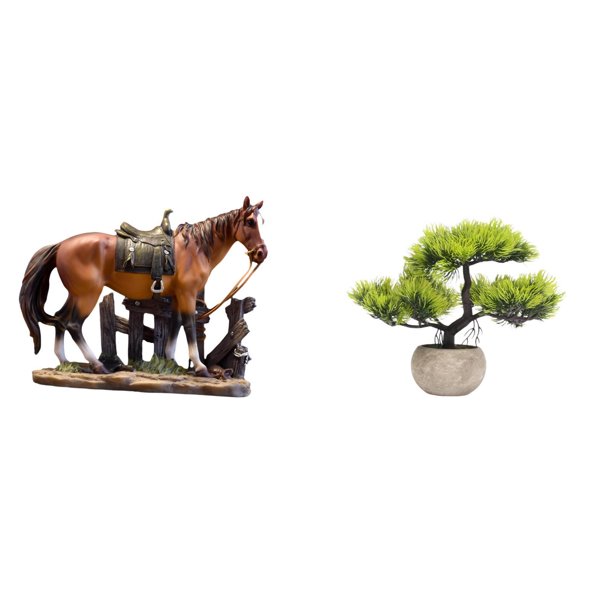 Figura de caballo,Figura coleccionable de caballo en miniatura,Árbol bonsái artificial,Bonsái artificial para decoración de escritorio o interior,Bonsái artificial,planta falsa en maceta.