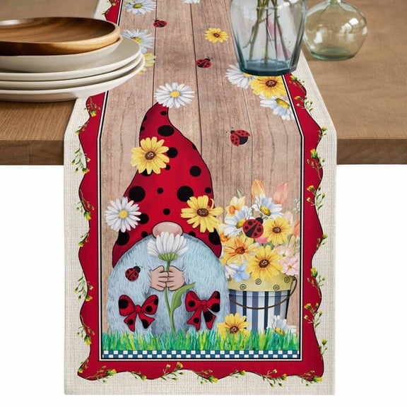 Table Runner 48 Inches Long for Kitchen Dining, Red Gnomes Dresser Scarf Farmhouse, Dining Table Decorations for Wedding/Parties, Spring Daisy Wildflowers Farmhouse Wooden Plank 13 x 48 In