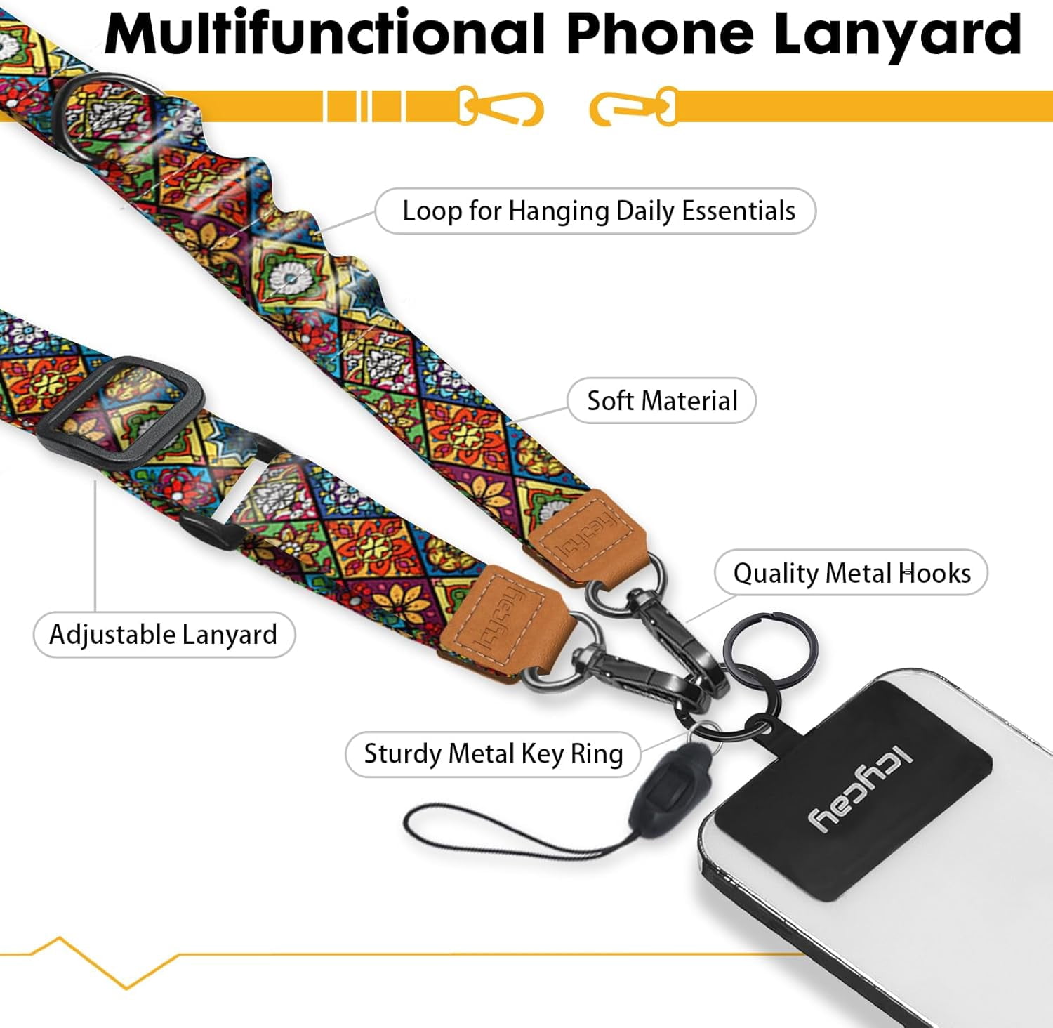 RGHJAR-Phone Lanyard Crossbody, Boho Cell Phone Strap for Around The Neck Adjustable, Bohemian Teacher Anti Theft Cute Lanyard for ID Holder Key Accessories Travel Essential Mandala Women