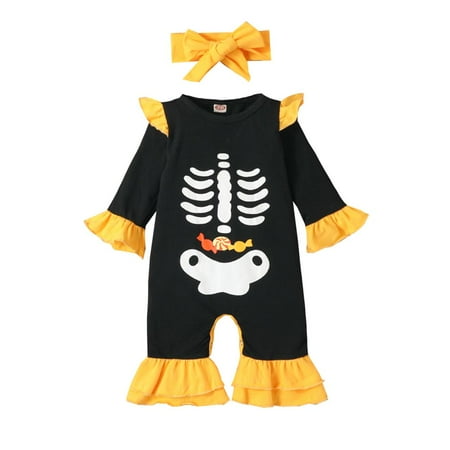 

URMAGIC 0-18M Newborn Baby Girls Halloween Print Jumpsuit Infant Ruffle Long Sleeve Romper+Headband 2PCS Outfits Set